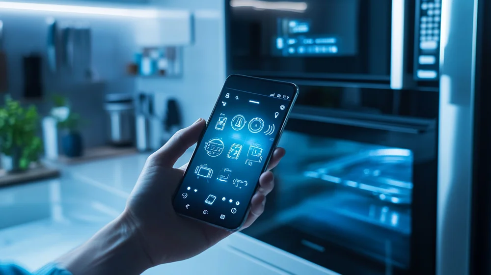 Person Using Smartphone to Control Kitchen Appliances